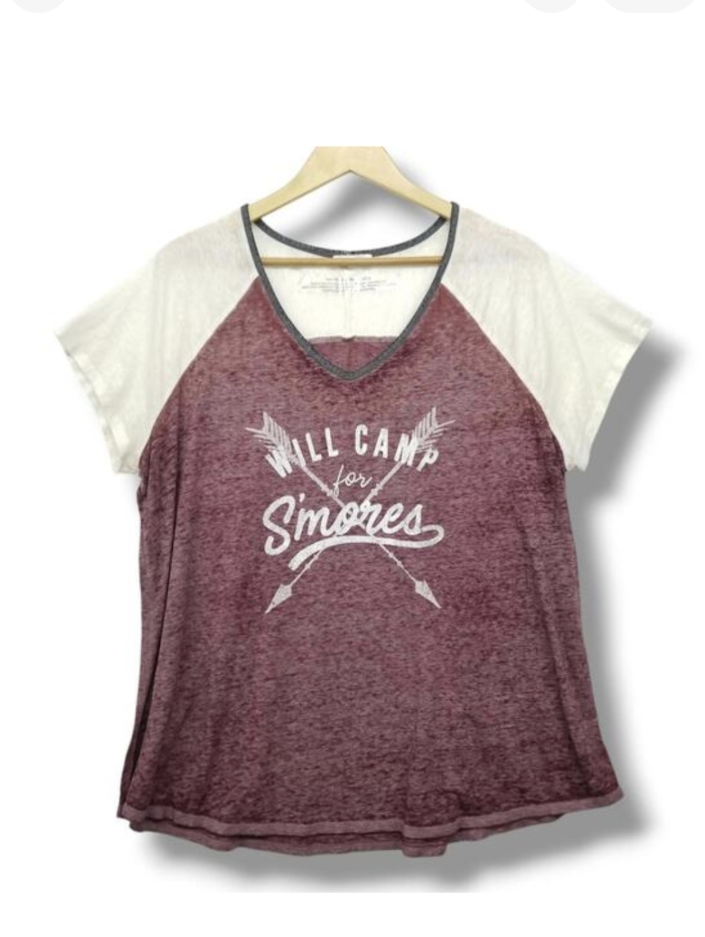 Maurices Graphic Print Tee 2X Burgundy Cream Gray‎ Will Camp For Smores Camping